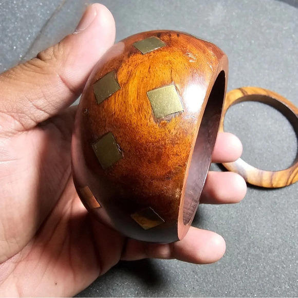 Wooden Boho Hand Made Brass Diamond Shape Inlay Cuff Bracelet Lot Of 2 Bracelets - Picture 6 of 11